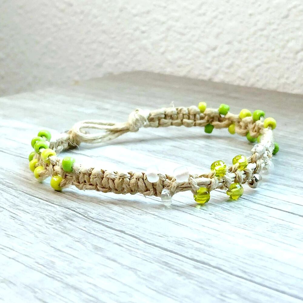 Boho Chic Beaded Macrame Bracelet or Anklet, 9" Statement Lime